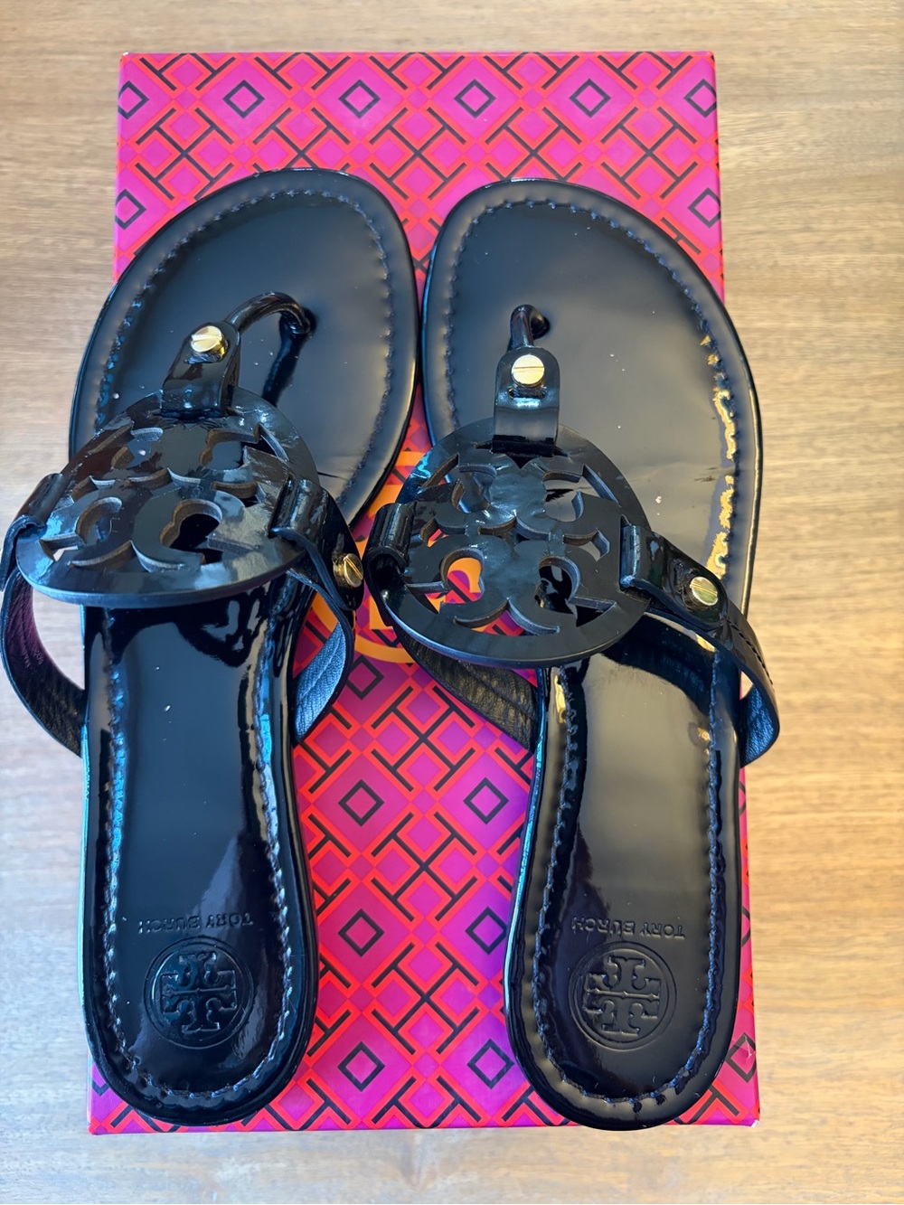 Tory Burch Black Patent Miller Logo Toe-Post Sandals